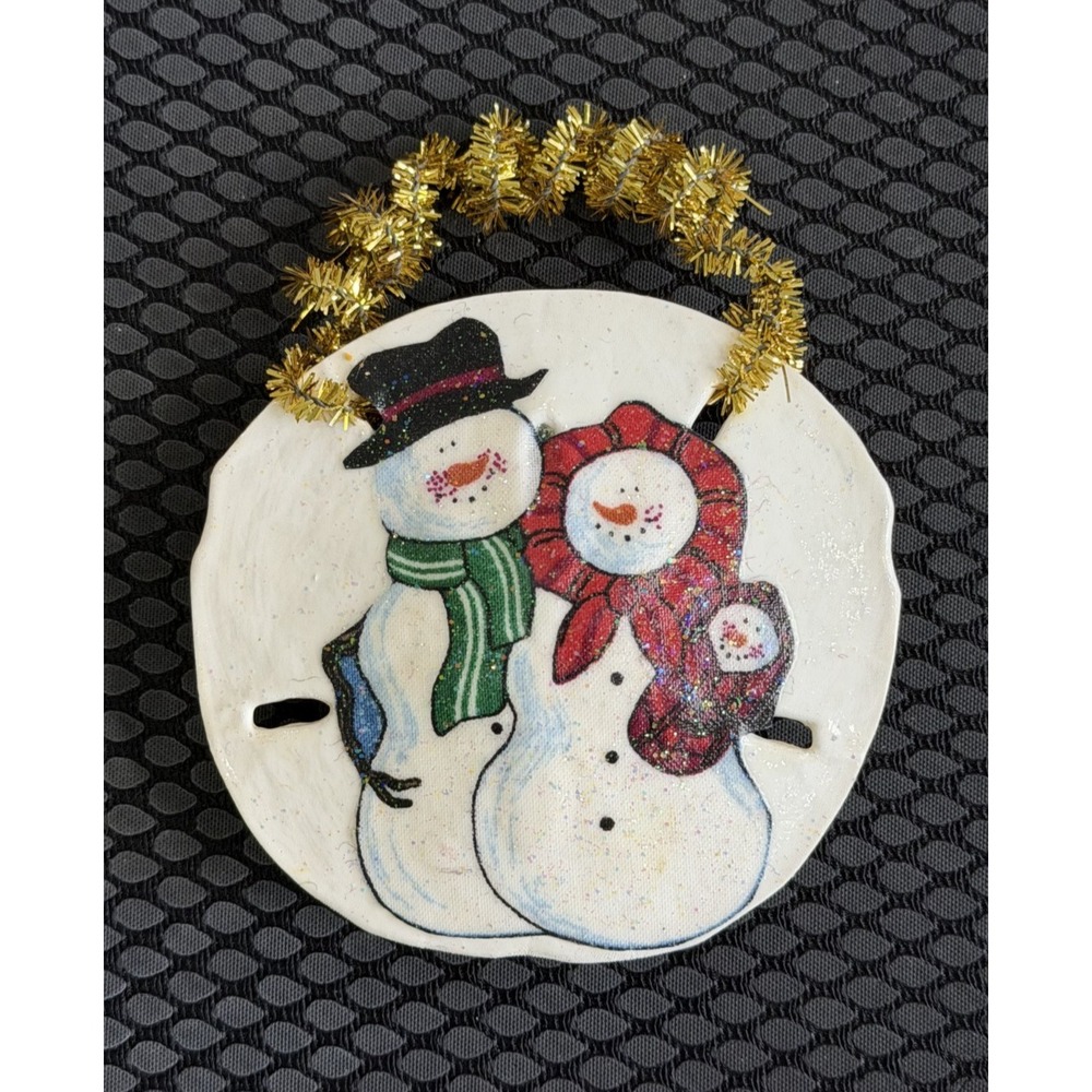 Real Sand Dollar Handmade Snowman Family Christmas Ornament Tinsel Hanger
